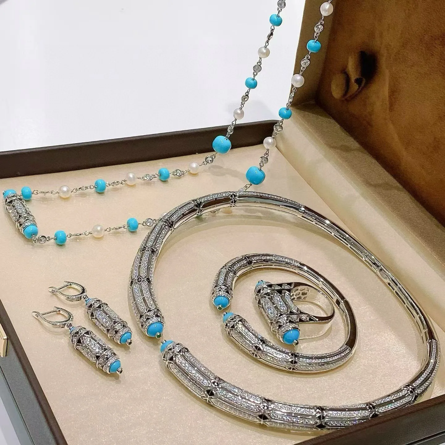 Turquoise Stone Ring - KQDANCE 高級ソリッド 925 シルバーブラックヒョウ柄ブルーターコイズチョーカーネックレスイヤリングバングルカクテルリングファインジュエリー