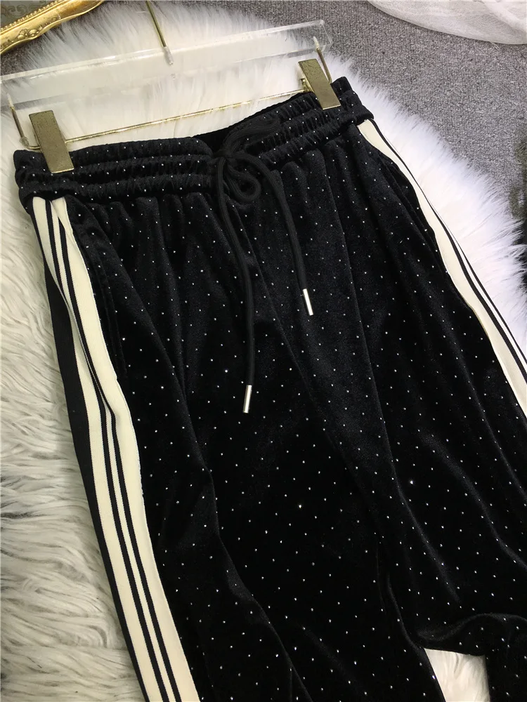 Full Diamonds Side Stripes Women Straight Pants 2024 New Autumn Winter All-match Elastic Waist Black Velvet Casual Long Trousers