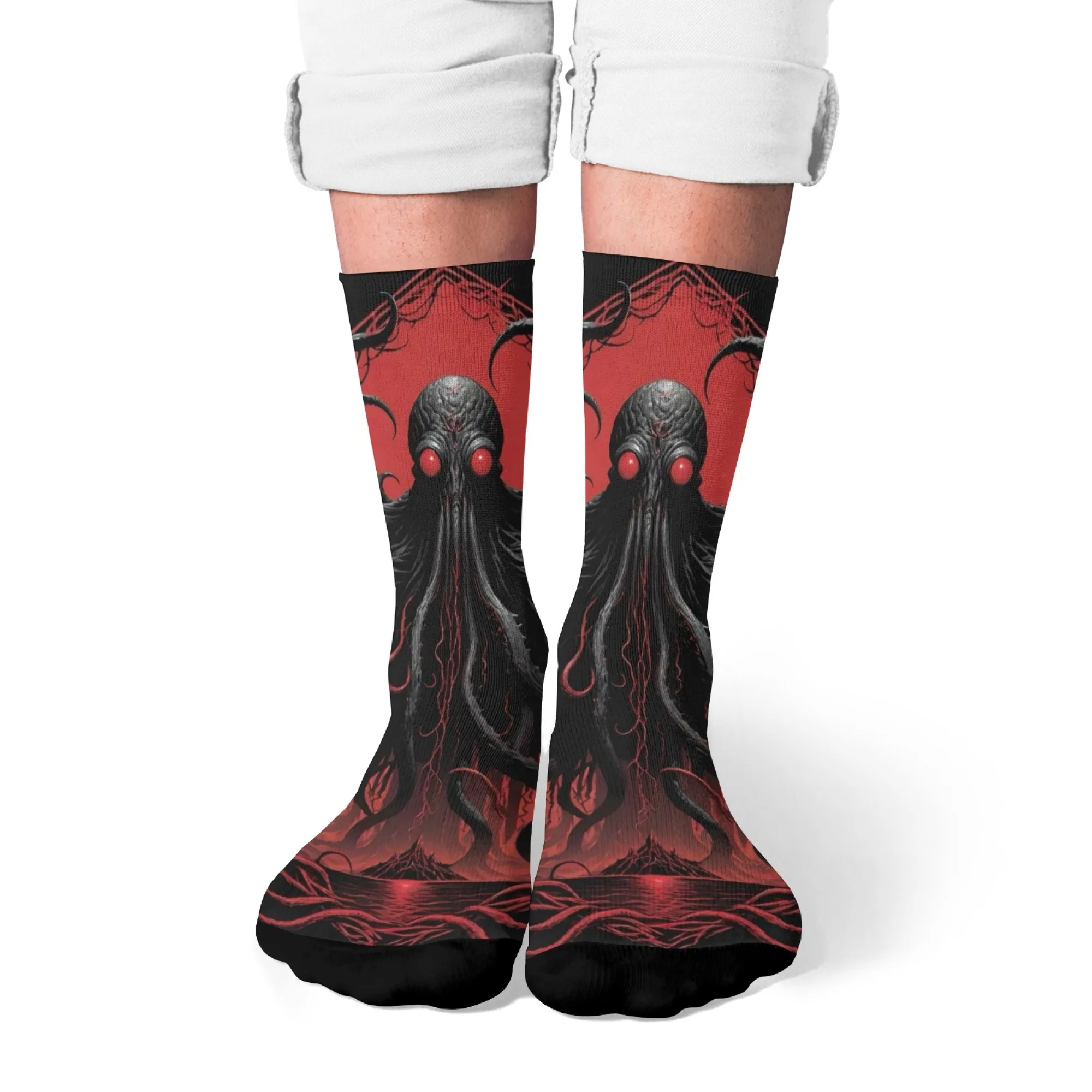 

Cthulhu Inspired Deep Sea Horror Octopus Crew Socks,Tentacles with Iridescent Eye Patches,Distressed for Gothic Diving Aesthetic