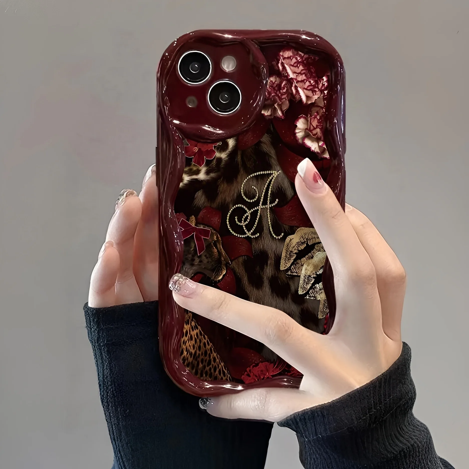 Retro Burgundy Leopard Rose Pattern Wavy Frame Phone Case For iPhone 17 16 15 14 13 12 11 Pro Max Plus Air Shockproof Soft Cover - view 2