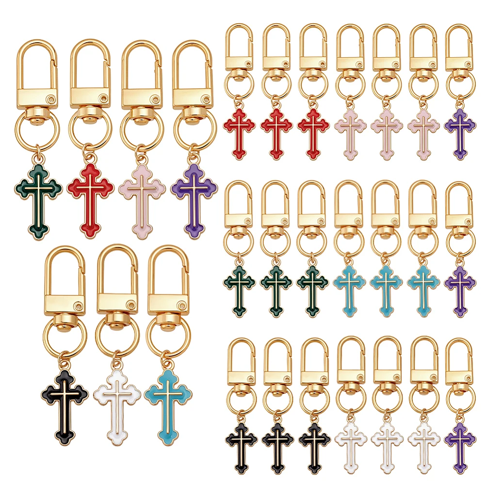 28pcs Keychains 7 Colors Alloy Enamel Crosses Key Chain Car Keys Ring Accessories Bag Charm Decoration with Alloy Swivel Clasp