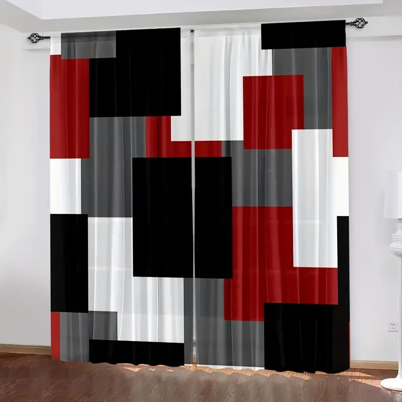 2panels Plaid Pattern Curtains, Rod Pockets Window Treatment, Red White Grey Black Curtain Suitable For Living Room Bedroom