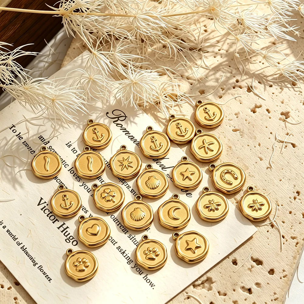 5pcs 18K Gold Plated Stainless Steel Flower Starfish Charms Mix Round Coin PendantsDIY Women Bracelet Necklace Jewelry Making