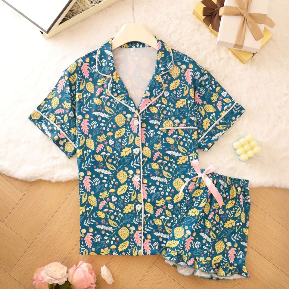  Cartoon Pinecone Plant Element Home Clothes Collar Cardigan Sleepwear Comfortable Soft Women's Set 