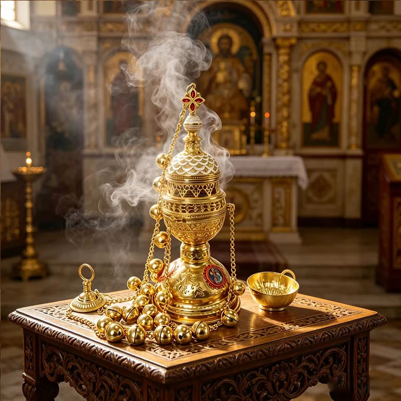 New Gold Plated Catholic Orthodox Hanging Incense Burner with Enamel Icons Bells for Church Liturgy Home Altar Prayer Gift Decor