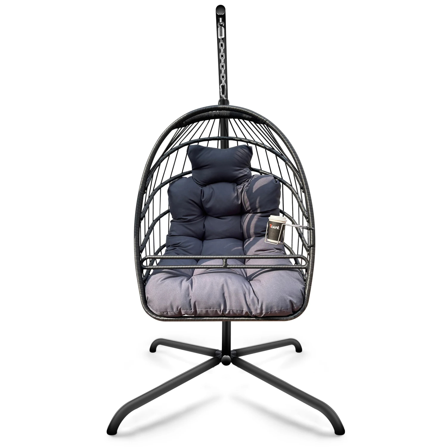 Swing Egg Chair with Stand Indoor Outdoor Wicker Rattan Patio Basket Hanging Chair with C Type bracket , with cushion and pillow