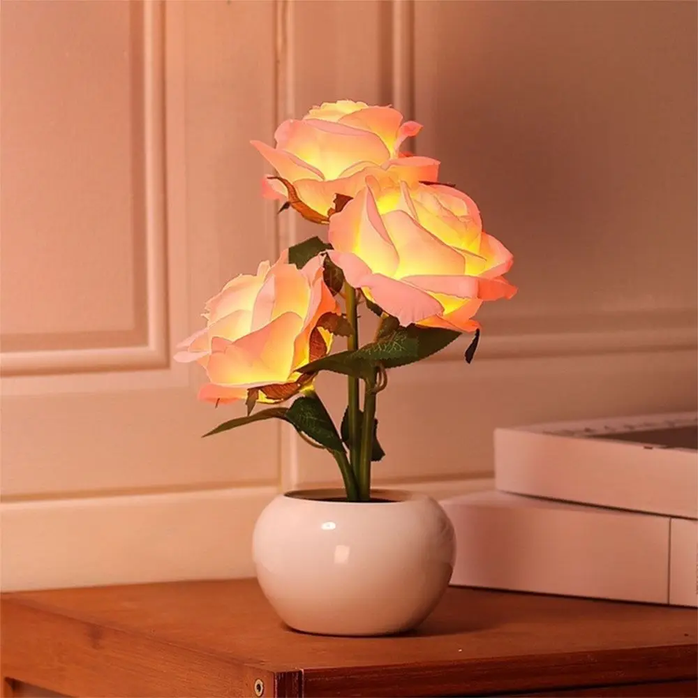 

Ceramic Base LED Rose Table Lamp 2/3 Flowers Decorative Flower Bonsai Night Light Exquisite Soft Light Simulated Bouquet Light