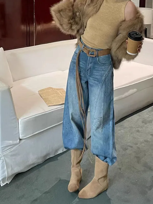 

Heavy Du Beaded Wide Leg Denim Jeans High Waist Loose Slimming Straight Blade Pants Commute Sle Spring New Arrival