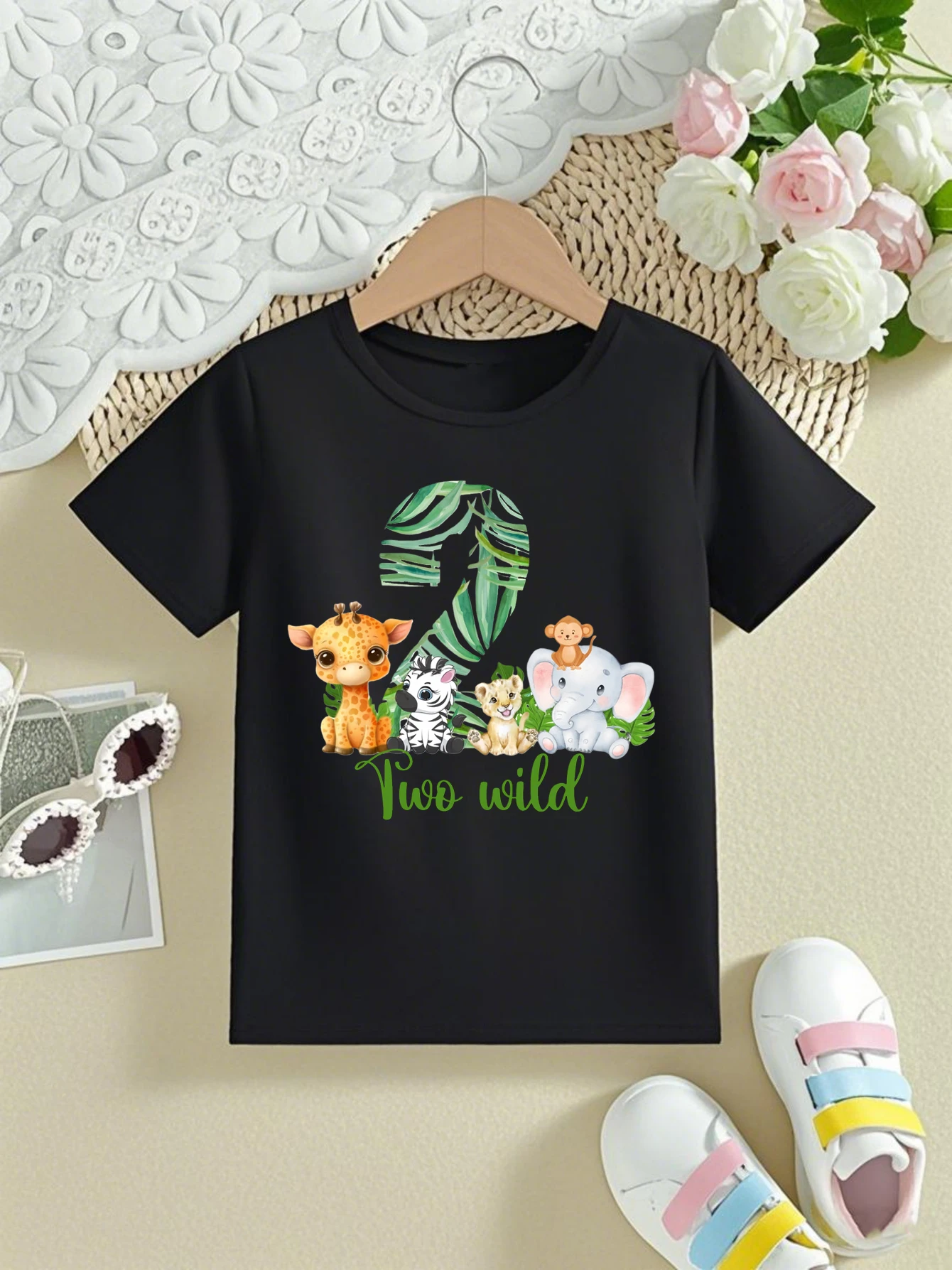 

Cute Two Wild Giraffe Lion Elephant Printed T Shirt Girls/Boys 2nd Birthday Gift Shirt Kawaii Kids Clothes Toddler Shirt