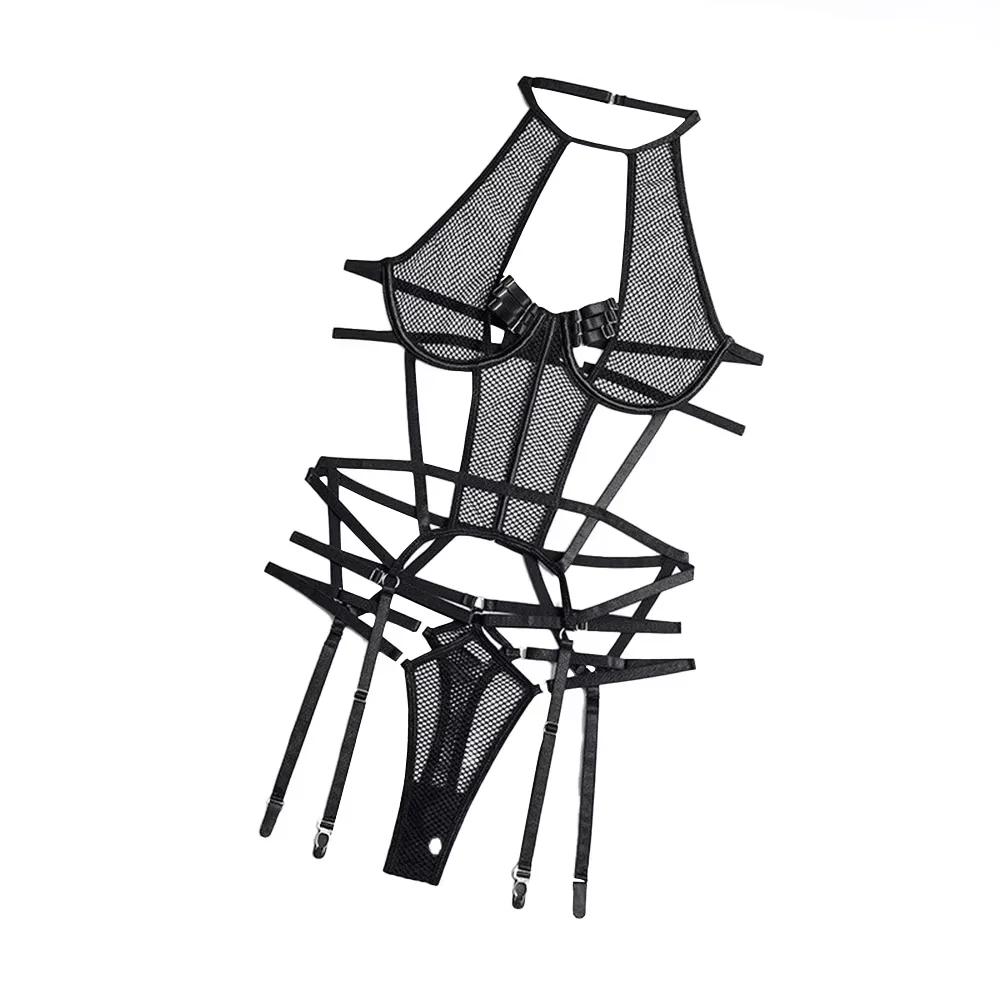 Disfraces calientes Conjunto de lencería de malla sexy Conjunto de lencería sexy para mujer + conjunto de bragas Lencería de encaje sin espalda Conjunto de mono con correas