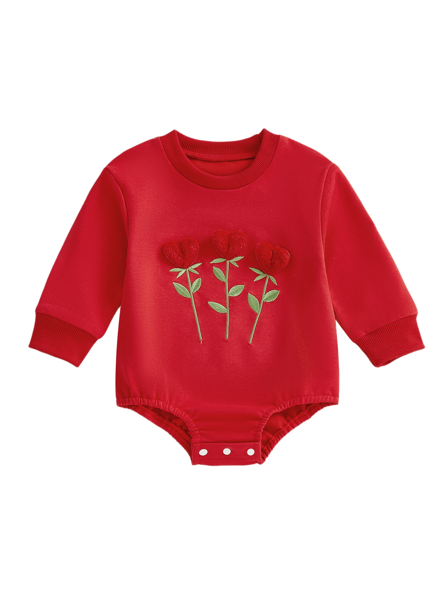 

Комбинезон с длинными рукавами и круглым вырезом с принтом красного сердца для маленьких девочек на День Святого Валентина, боди с цветочной аппликацией и рюшами