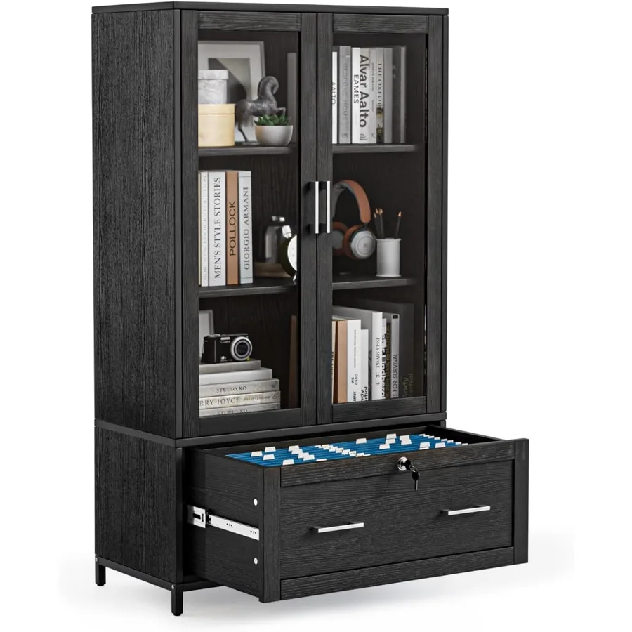 Lateral File Cabinet with Glass Doors and Locking Drawer for Hanging File Folders, Bookshelf with Adjustable Shelves for Home O