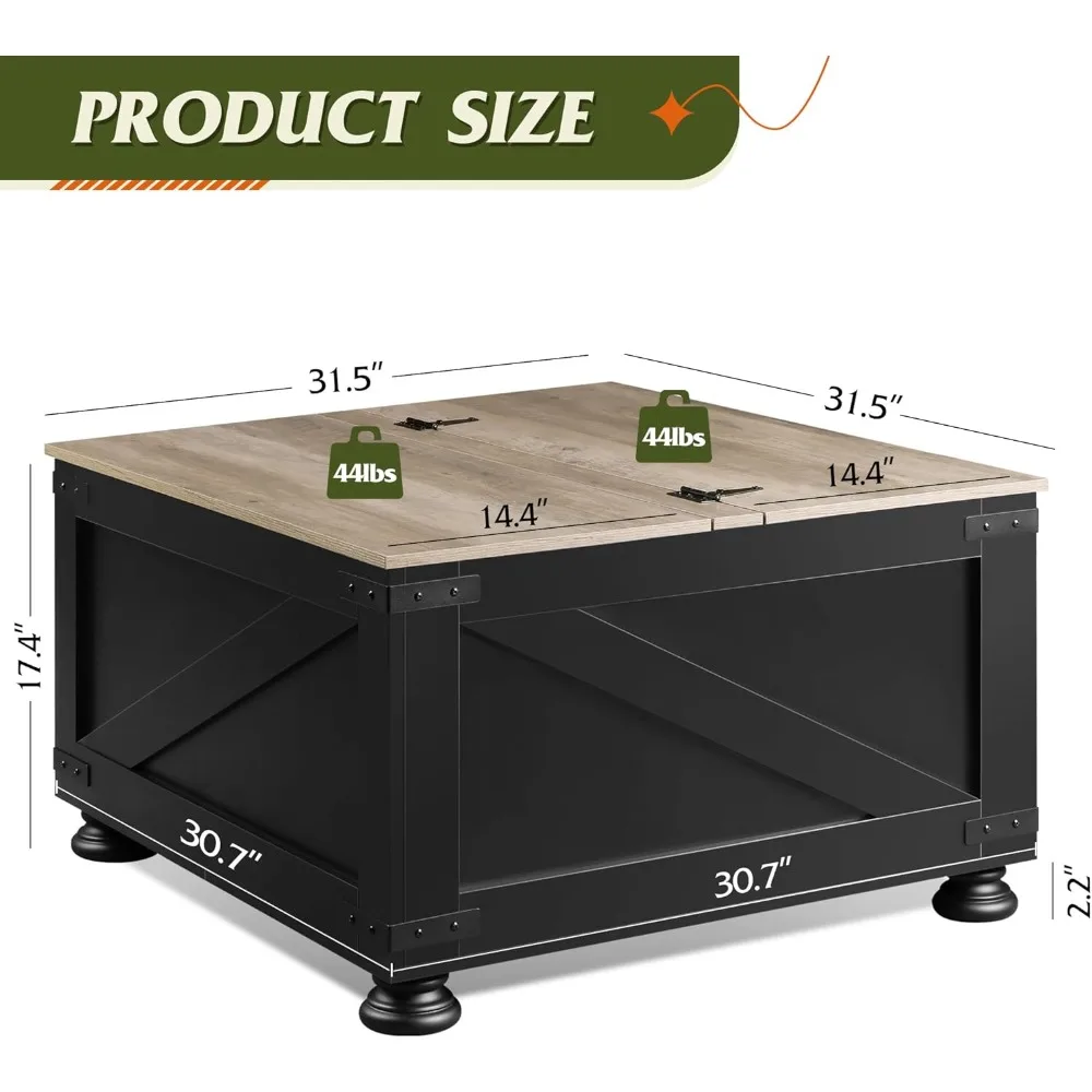Farmhouse Lift Top Coffee Table with Storage, 31.5" Square Center Table, Flip-Top Hidden Compartment, Wood-Grain Coffee Table f