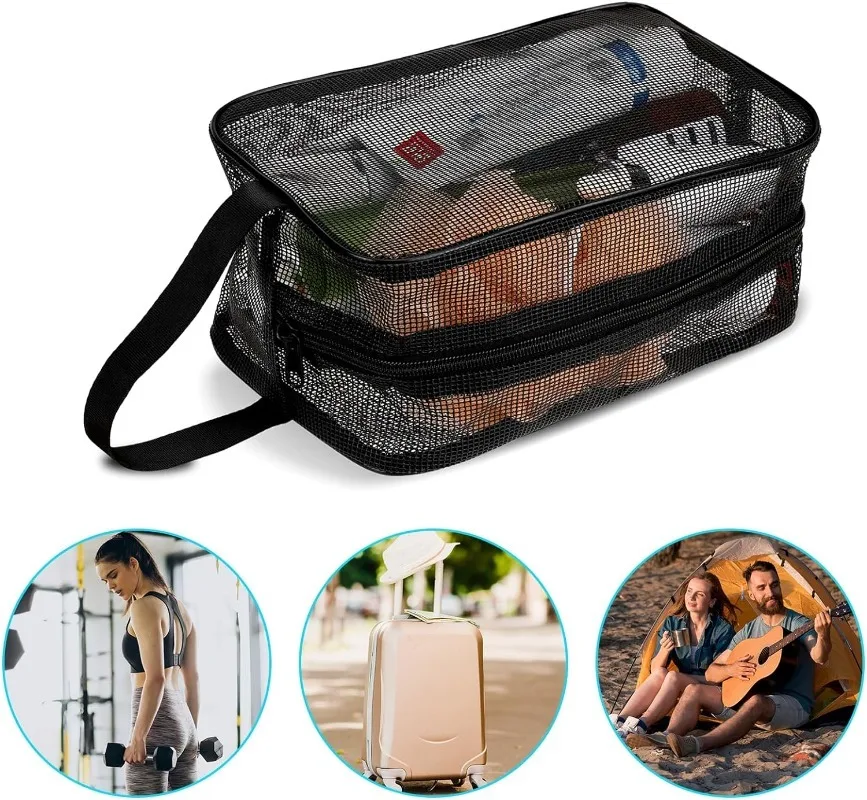Large Capacit Mesh Storage Bag Mesh Shower Toiletry Pouch Reusable Bathing Bag Travel Makeup Storage Pockets Cosmetic Carry Tote