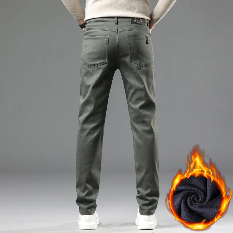 2024 New Winter Fleece Casual Pants Men\'s Straight Slim Thick Warm Male Business Fashion Casual Elastic Comfort Velvet Trousers