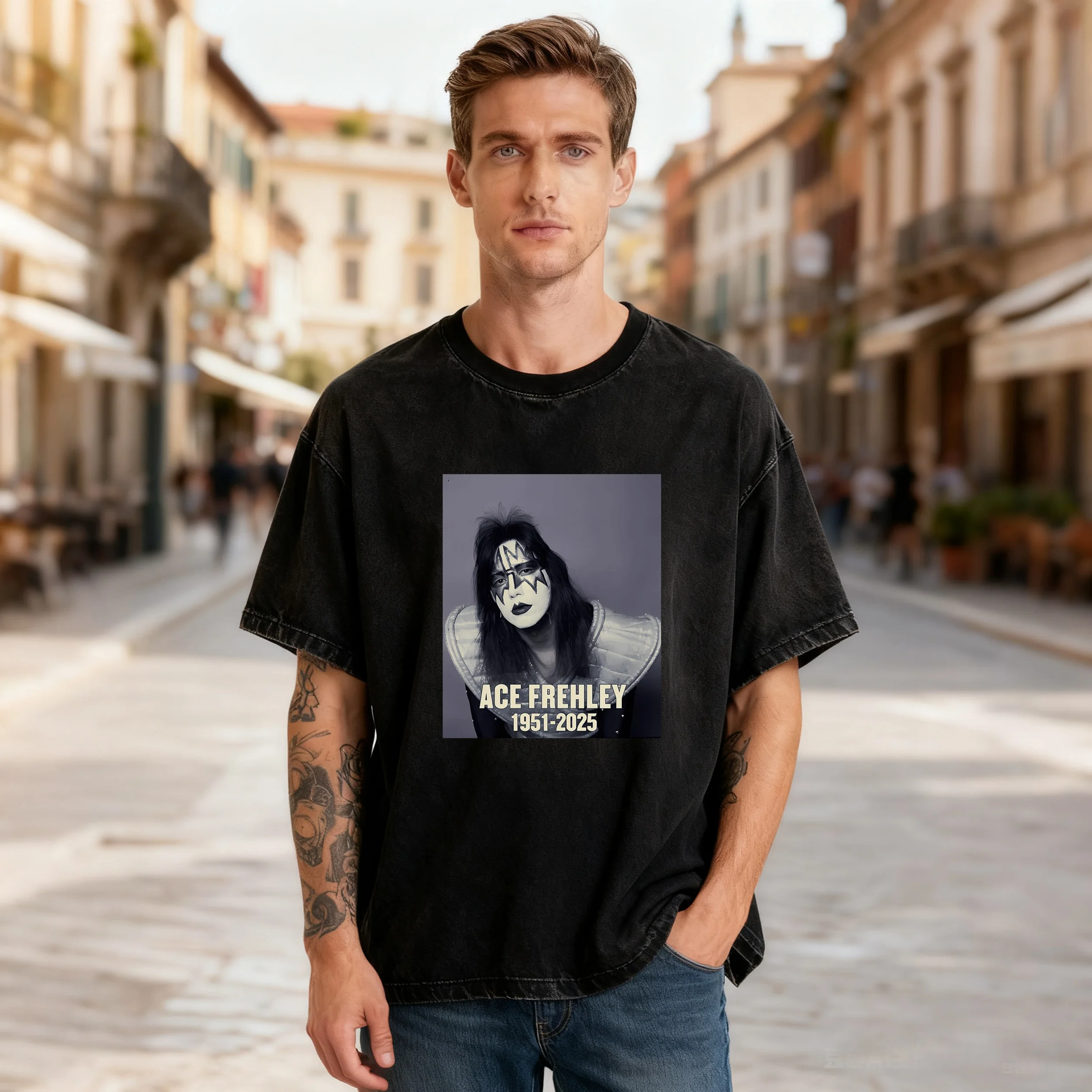 RIP Ace Frehley 1951-2025 washed T-shirt Metal Band Guitar Hero Graphic t shirts Memorial cotton round neck Men Women Tees