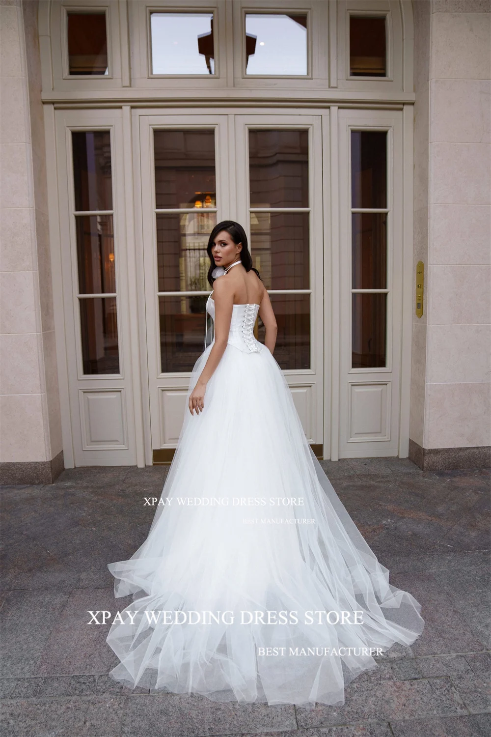 XPAY Principessa senza spalline A Line Abiti da sposa Morbido tulle Fiori 3D Abito da sposa personalizzato Abito da sposa lungo da spiaggia con pavimento senza schienale