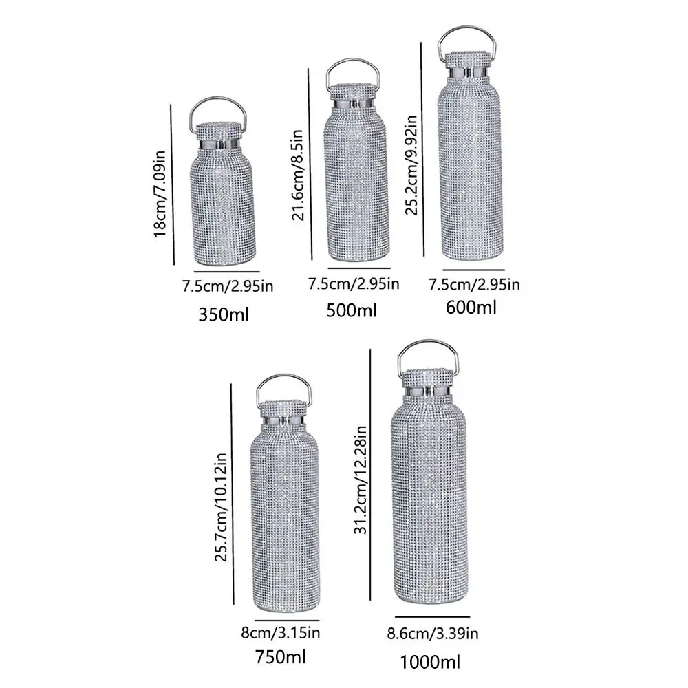 Thermal Rhinestone Water Bottle Stainless Steel Refillable Glitter Tumbler Removable Carrying Strap Leak-Proof