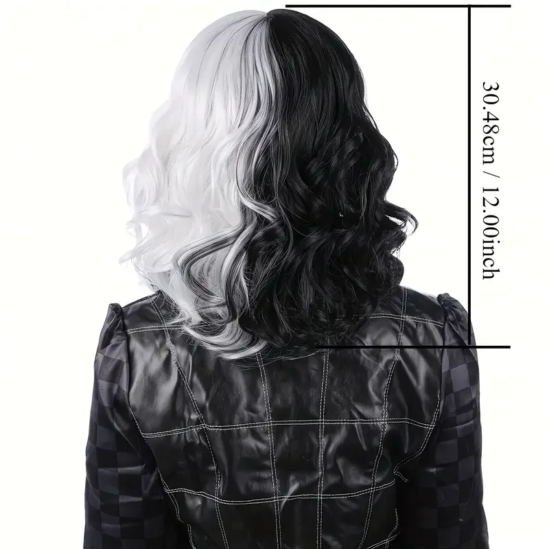 Short half-black and half-white wig, 30.48cm curly wavy shoulder-length pastel synthetic Cosplay wig, short heat-resistant wig