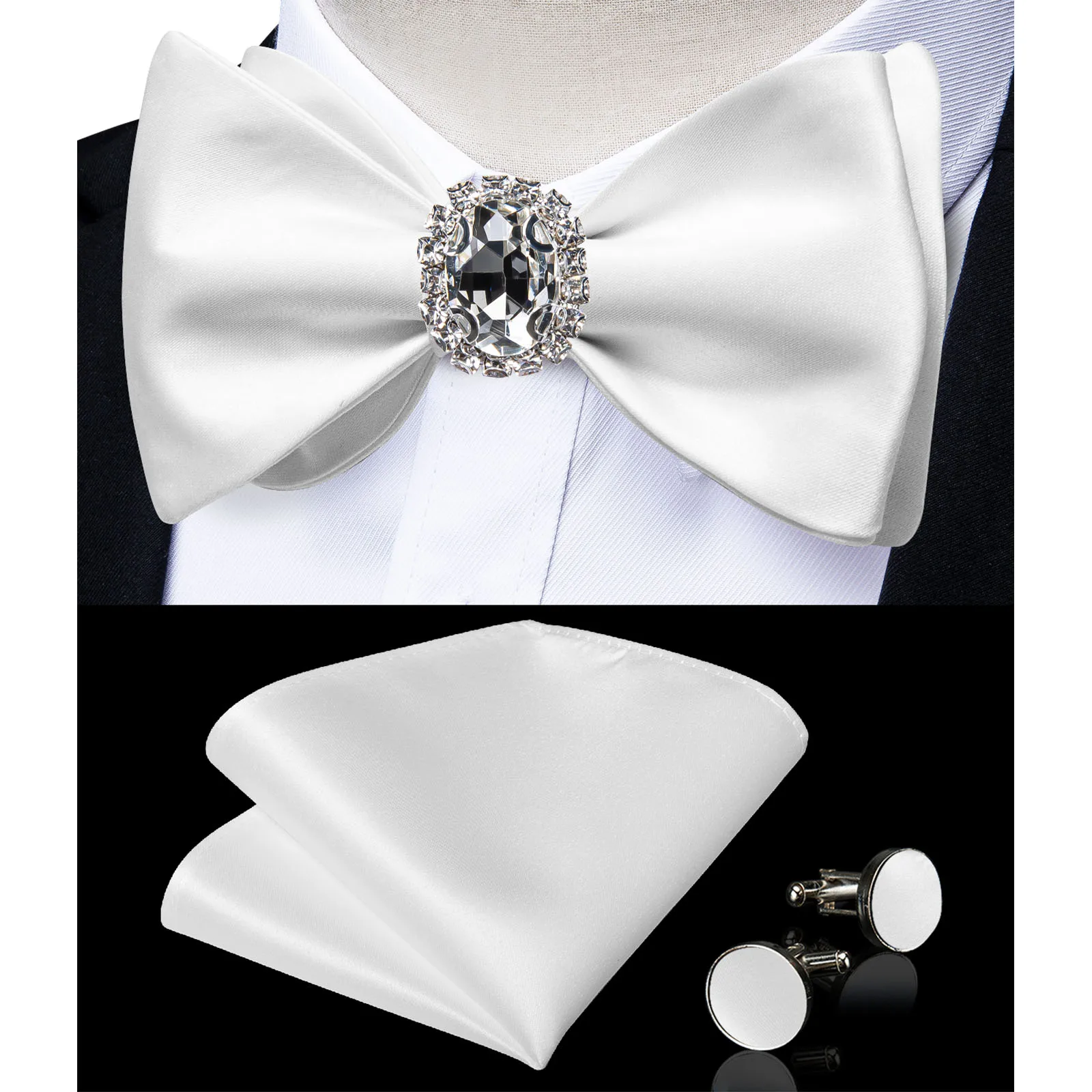 

Classic White Selr-tie Bowtie with Ring Pocket Square Cufflinks Set Fashion Solid Men's Bow Tie for Wedding Groom Business Knots