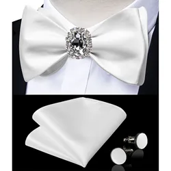 Clássico branco selr-tie bowtie com anel bolso quadrado abotoaduras definir moda sólida masculino gravata borboleta para casamento noivo negócios nós