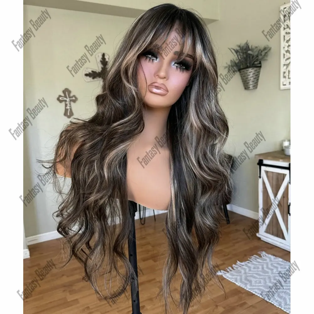 Honey Blonde Highlights 13x6 Lace Front Wig 100% Human Hair Loose Wave With Bangs Glueless Full Lace Wigs Human Hair Indian Hair