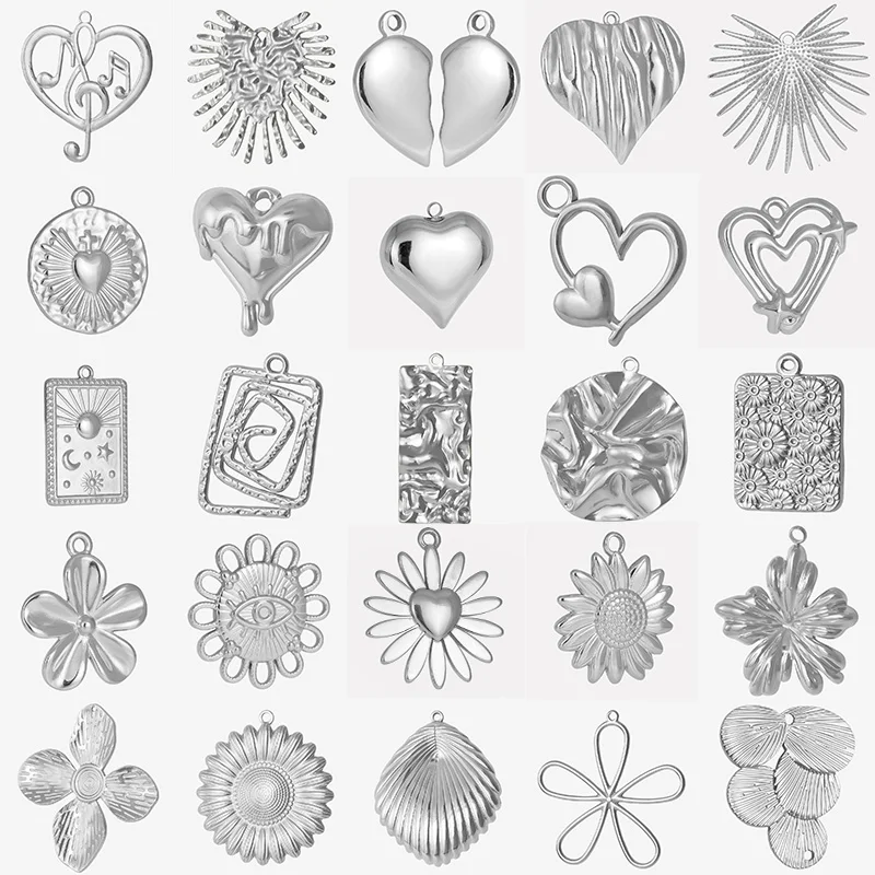 6Pcs/Lot Stainless Steel Chunky Textured Wicca Sun Moon Evil Eye Pendant Stitching Broken Heart Flower Leaves Colgantes Jewelry