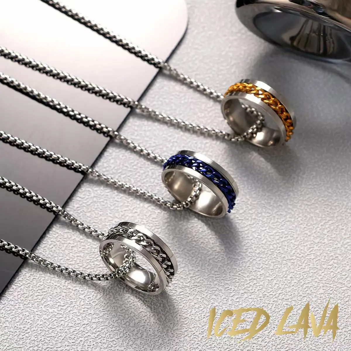Hip Hop Punk Rotatable Chain Spinner Ring Pendant Necklace for Men Stainless Steel Box Chain Punk Cool Jewelry Gift Necklaces