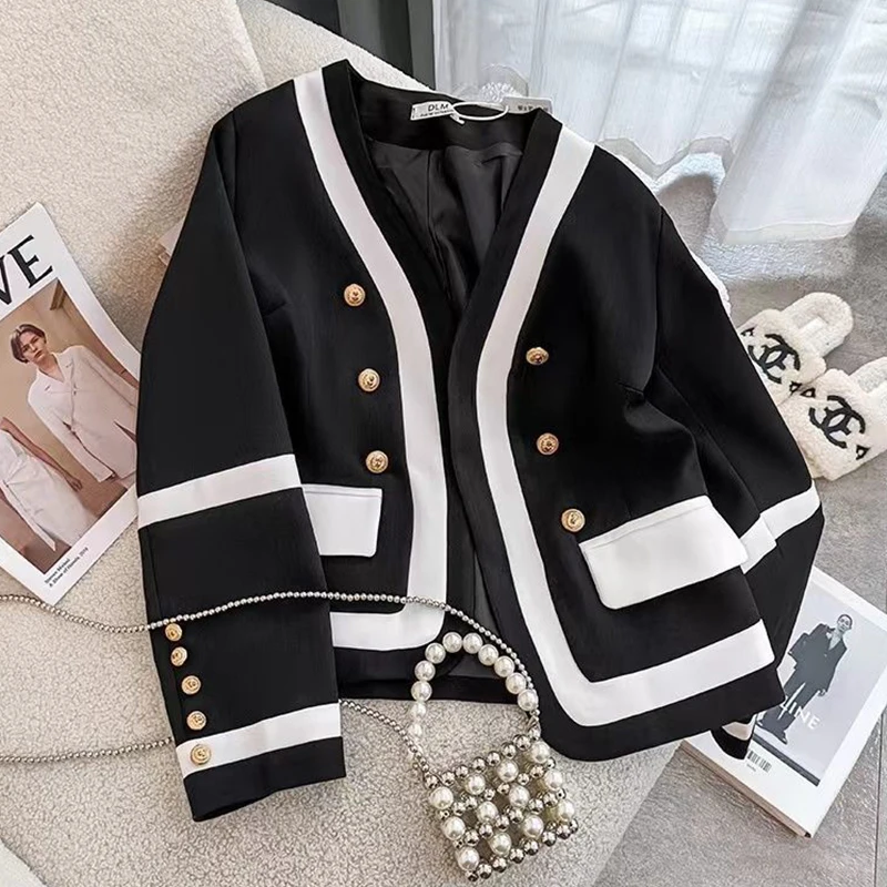 Women's Court Style Contrast Coat, High-Quality, Light Luxury, Metal Buckle, Fashion Suit, Female Clothes, Black and White