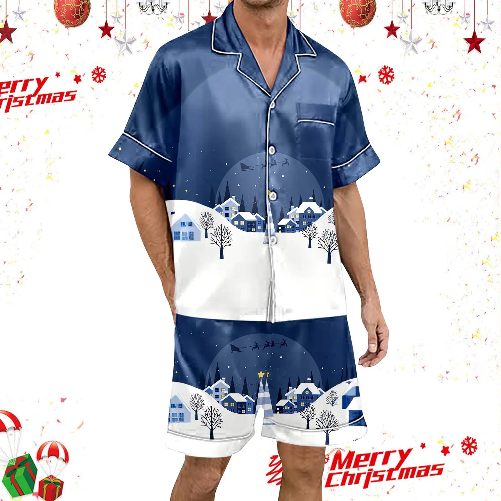 Shorts Nightgowns Ladies Xmas Silk Satin Lingerie Sleepwear Pyjama Button Down Tops For Women Christmas Print Pajama Sets