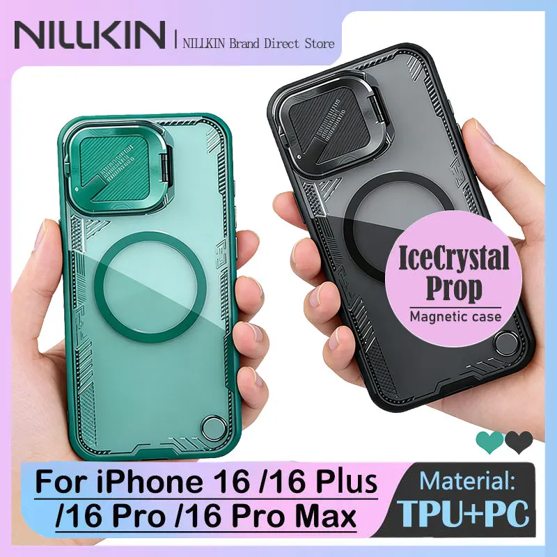 For iPhone 16/16 Pro/16 Pro Max Magnetic Case, NILLKIN Bio-Based Eco-Friendly, Aerospace Aluminum Cover Stand, Anti-Yellowing
