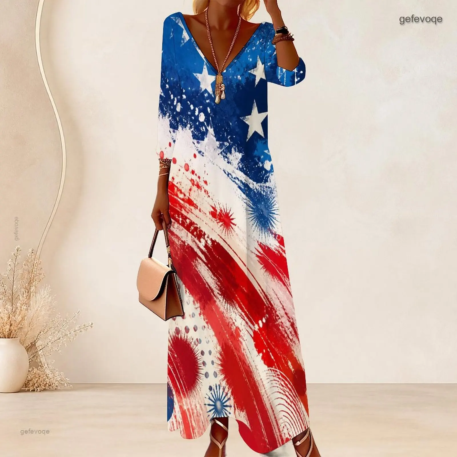 Women Deep V Neck Maxi Dress 3/4 Sleeve Loose Straight Long Dress Custom Print Casual Vacation Beach Ladies Floor Length Dress