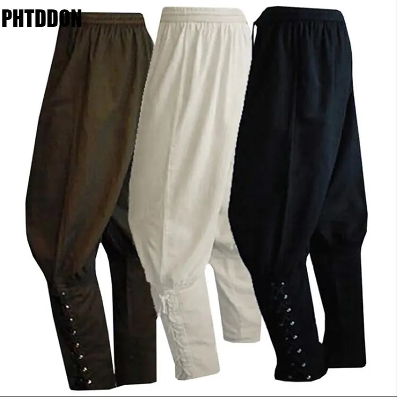 

Men Medieval Renaissance Lounge Pirate Horseman Costume Loose Pants Viking Black Brown Navigator Leg Bandage Trouser