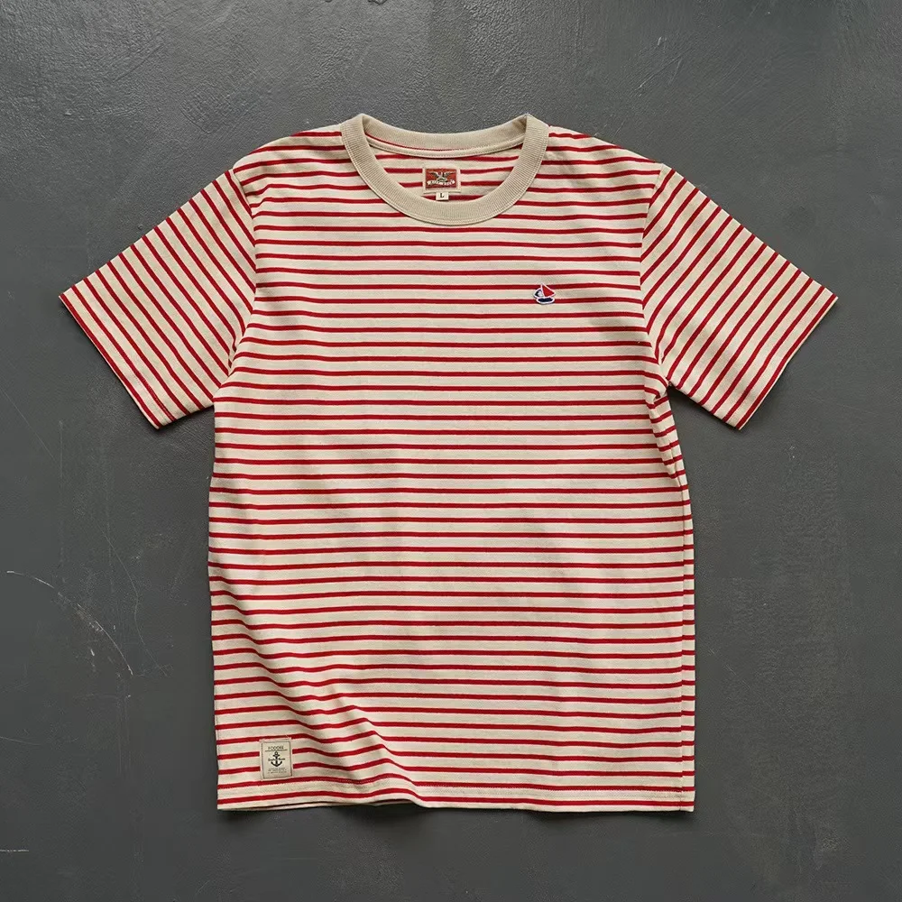 Summer New American Retro Short-sleeved O-neck Stripe T-shirt Men's Fashion Simple 100% Cotton Washed Casual Sport Tops