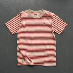 Summer New American Retro Short-sleeved O-neck Stripe T-shirt Men's Fashion Simple 100% Cotton Washed Casual Sport Tops