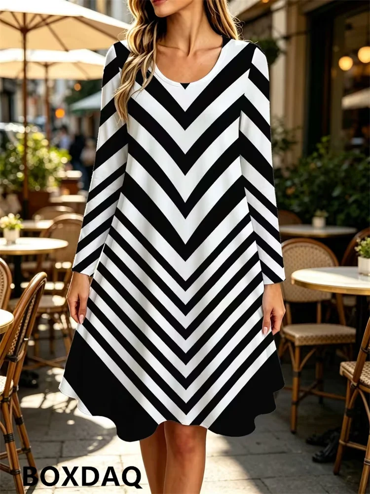 New Autumn Dresses For Women Loose Long Sleeved Round Neck Pullover Checkered Striped 3D Printed Casual Fashion Dress