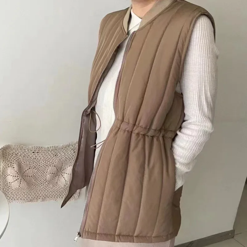 [EWQ] chaquetas de plumón con diseño de cordón sin mangas, chalecos sólidos sueltos informales para mujer, chaleco con cremallera, abrigo, otoño 2024, nuevo 16O1950