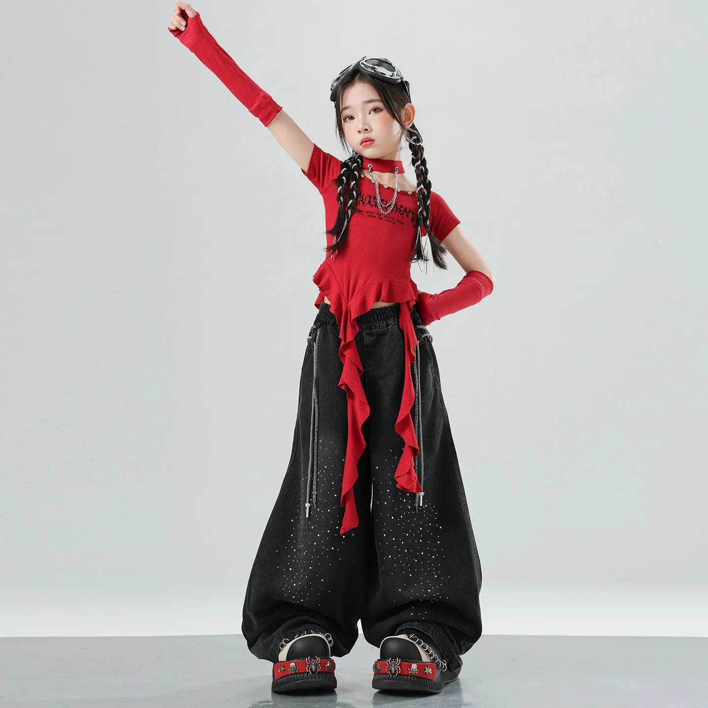 

2026 New Modern Jazz Dance Performance Costumes For Girls Red Crop Tops Loose Pants Suit Children Hip Hop Dance Clothes XH4201