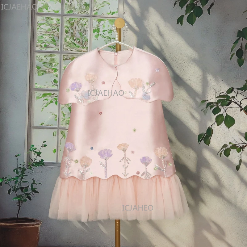 Flower Girl Dress Elegant 3D Birthday Dresses Tank Princess Gown Cake Skirt Formal Party Celebration Dress Eid Kids Clothing