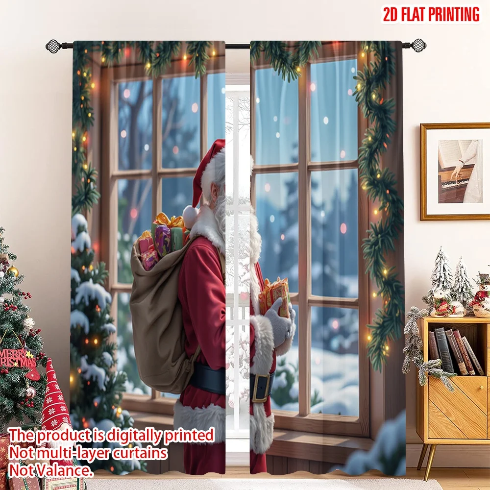 

2pcs 2D flat printing Merry Christmas Popular Curtains Santa Christmas Tree Snowing Fabric Without Electricity Party & Holiday
