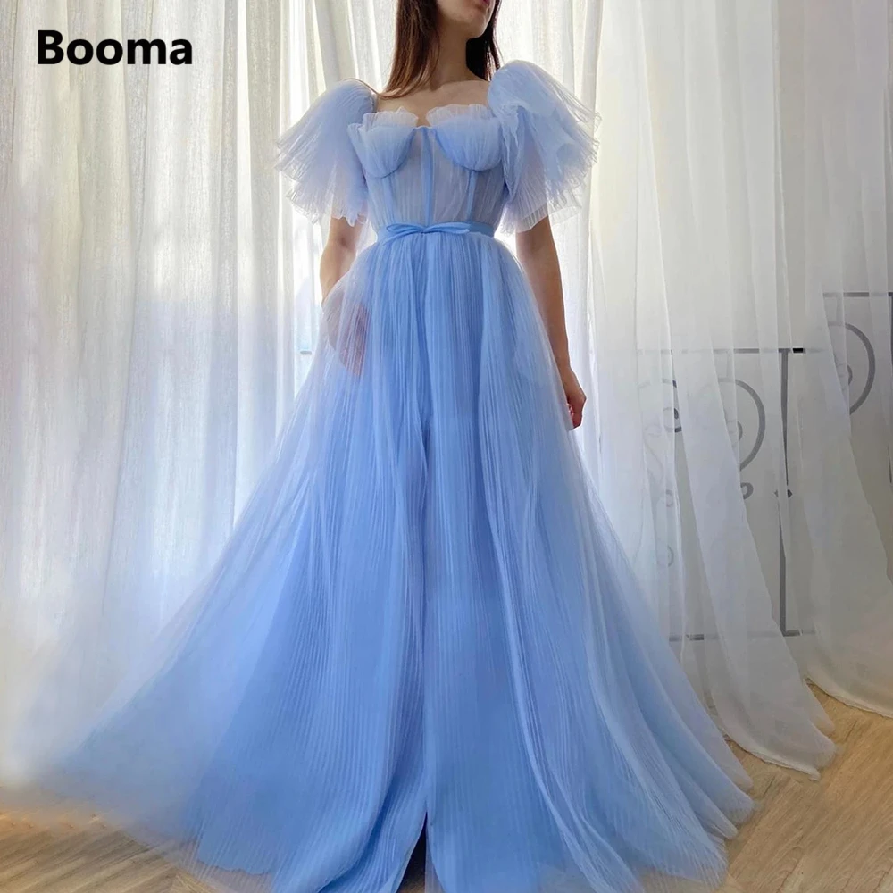 Booma Baby Blue plisowane tiulowe suknie na studniówkę Sweetheart warstwowe bufiaste rękawy A-Line suknie na bal maturalny łuk pas długie wesele sukienki