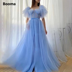 Booma Baby Blue Pleated Tulle Prom Dresses Sweetheart Layered Puff Sleeves A-Line Prom Gowns Bow Belt Long Wedding Party Dresses