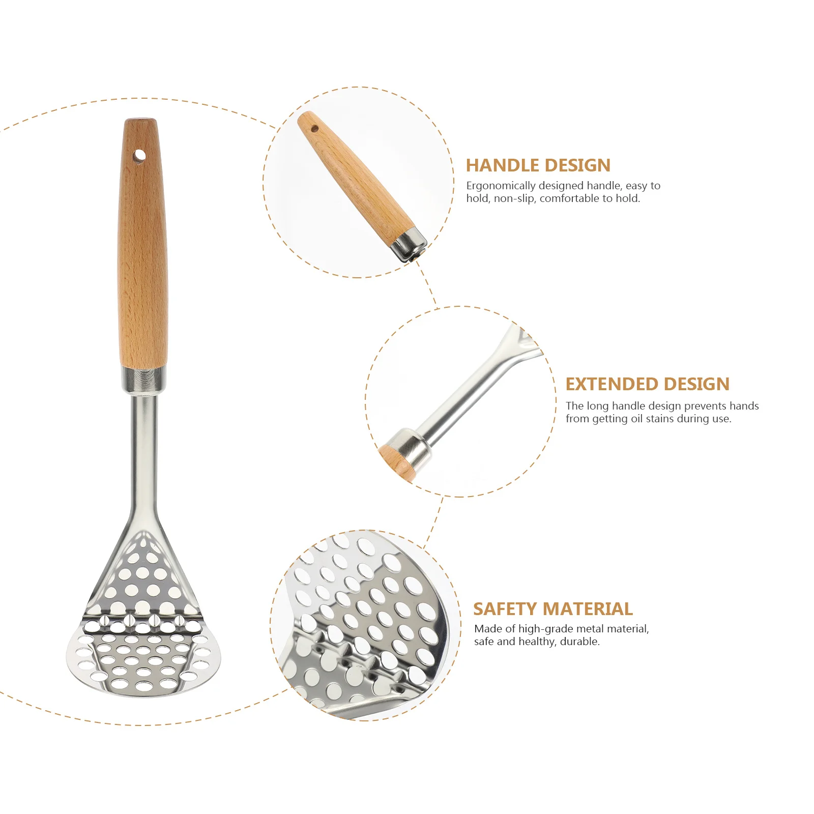 

Kitchen Tool Stainless Steel Potato Masher Portable Crusher Reusable Food Pressing Device Comfortable Grip Practical