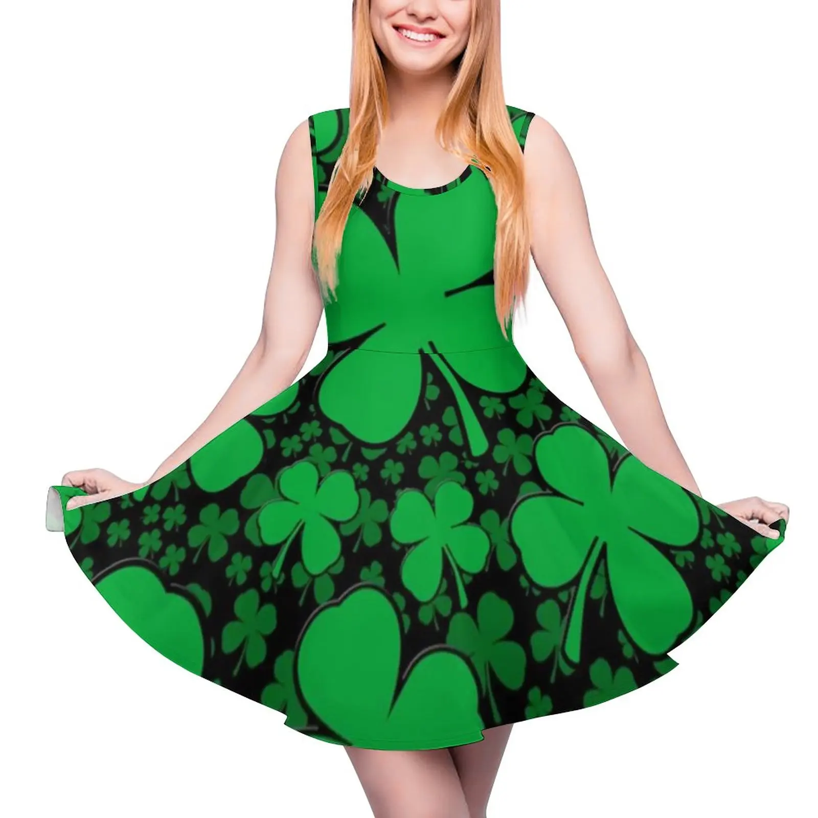 St Patrick's Day Dress Irish Style Green Shamrocks Beach Dresses Women High Waist Aesthetic Skate Dress Print Vestidos Gift Idea