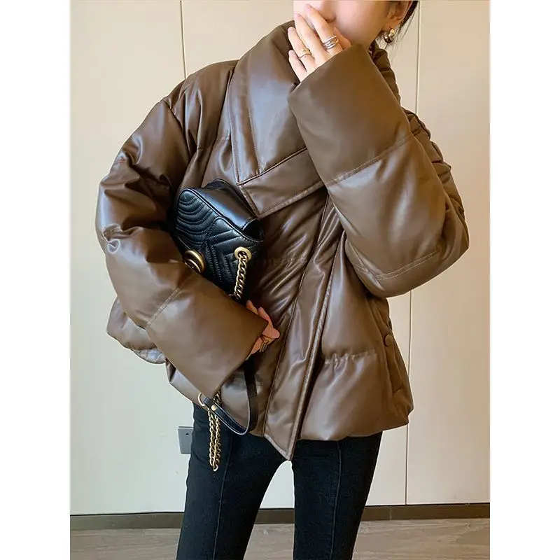 Brown Thickened PU Leather Short Cotton Clothes and Bread Clothes for Women 2024 Autumn and Winter Fashion New Winter Jackets