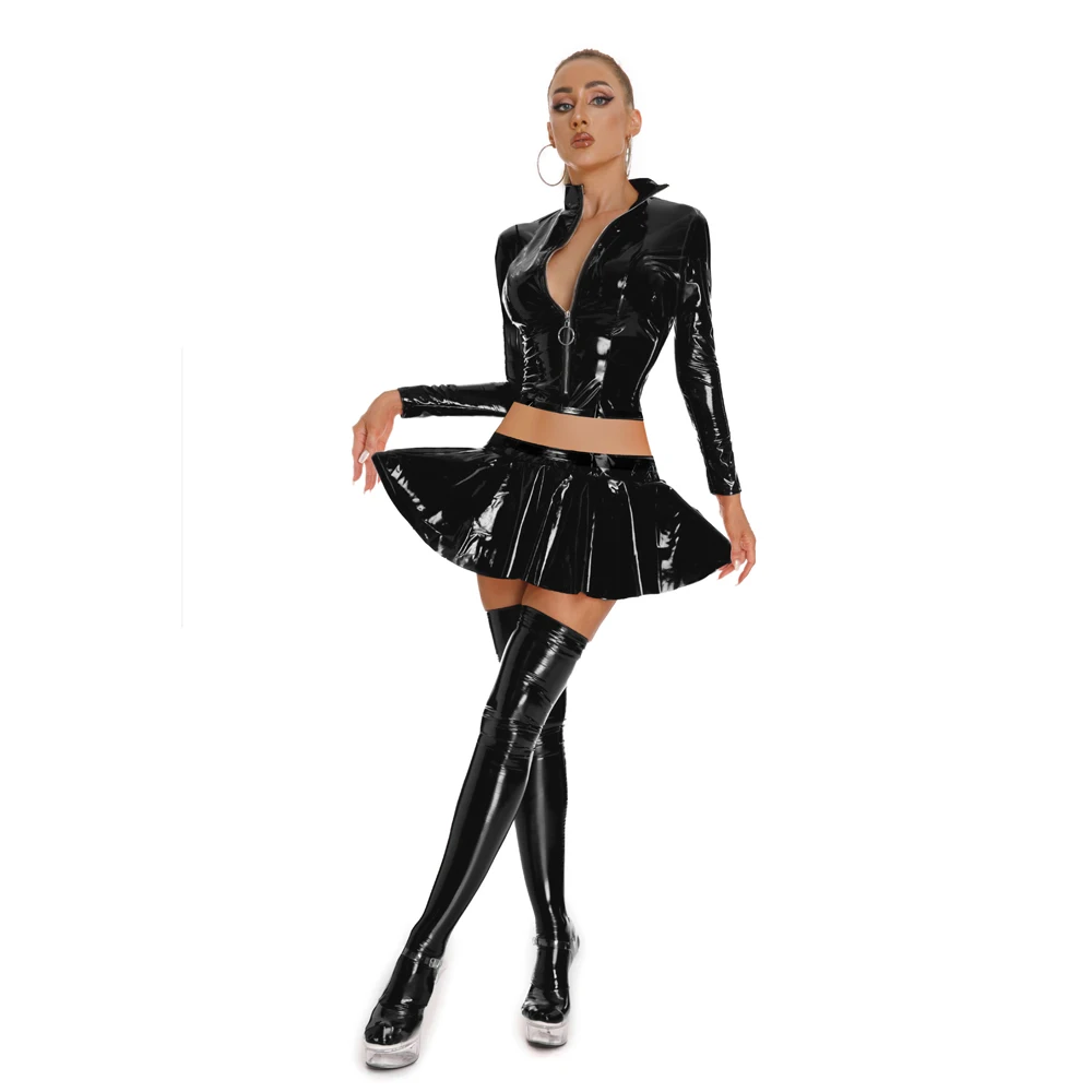 Wet-Look-PVC-Langarm-T-Shirt, Crop-Top, glänzende PU-Lederjacke, kurzes T-Shirt, Cosplay, A-Linien-Rock, Micro-Mini-Röcke, Clubwear – Detail 14
