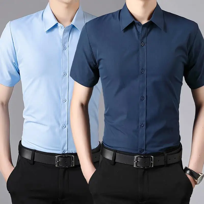 Men's Business Casual Shirt Short Sleeve Long Sleeve Slim Fit Pure Color High End Polyester Fiber Commute Wear Summer Shirt