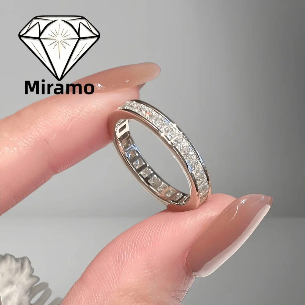 Princess Cut Full Moissanite Halo Band Ring Light Luxury Stackable Eternity Ring for Women S925 Sterling Silver with Certificate