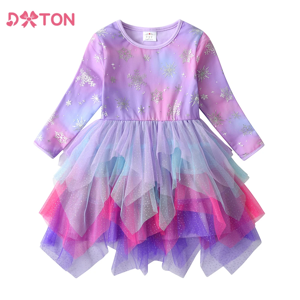 DXTON Winter Children Dress Long Sleeve Princess Tutu Dress Snowflake Prom Xmas Party Kids Costume Patchwork Girls Dress Clothes