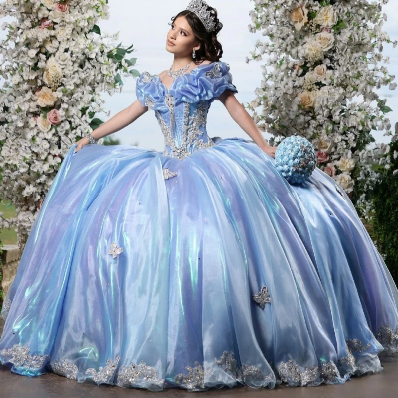 

Небесно-голубое блестящее платье Quinceanera с открытыми плечами и блестками, аппликация, бант, бисер, кристалл, с накидкой, тюль, вечеринка, день рождения, сладкий 16